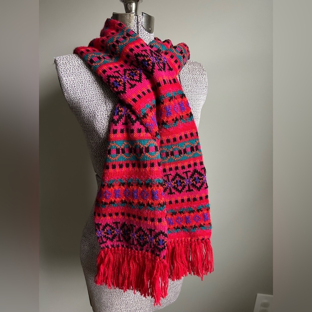 Nordic Vibrant red Pink green Patterned Scarf fringe winter cabincore snow